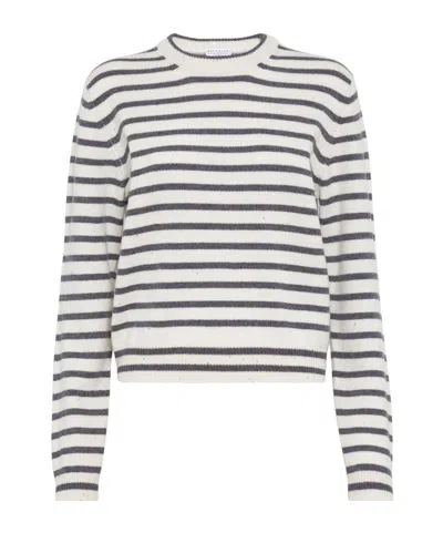 Brunello Cucinelli Cashmere Blend Striped Sweater With Paillette Detail In Beige