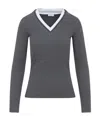 Brunello Cucinelli Ribbed Long Sleeves Top With Contrast Trim In Gray