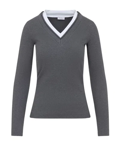 BRUNELLO CUCINELLI RIBBED V-NECK TOP