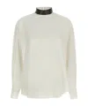 Brunello Cucinelli Silk Blouse With High Collar And Keyhole Back In Neutral