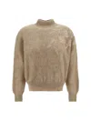Brunello Cucinelli Long-sleeved Turtleneck Sweater With Special Sequin Appliqu? In Soft Mohair And Wool Yarn In Brown
