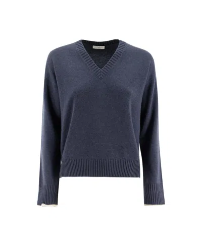 Brunello Cucinelli Long-sleeved V-neck Sweater In Blau