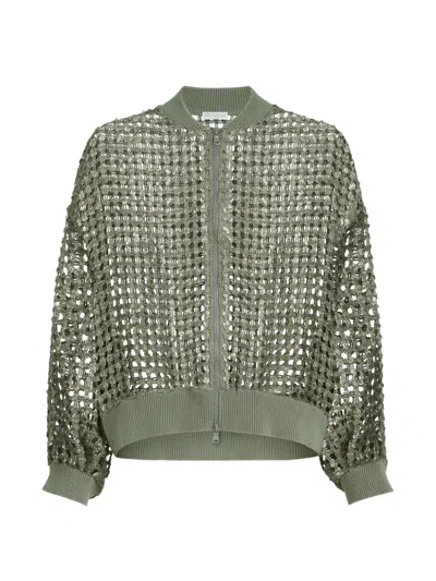 Brunello Cucinelli Dazzling Net Embroidery Cardigan In Green