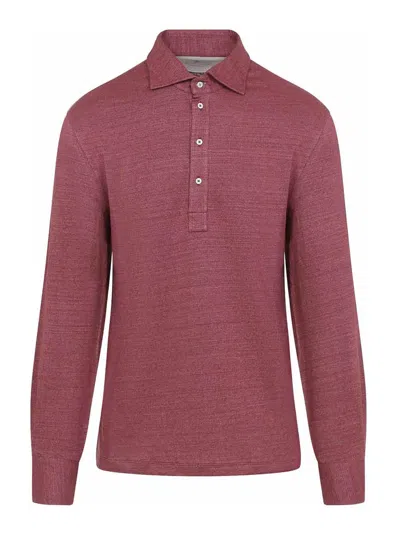 Brunello Cucinelli Coral Red Linen Long Sleeves Polo In Pink