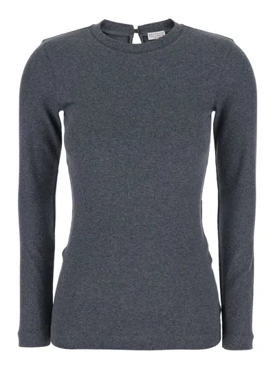 BRUNELLO CUCINELLI GREY CREWNECK T-SHIRT WITH MONIL DETAIL ON THE COLLAR AND REAR CUT-OUT IN COTTON STRETCH WOMAN