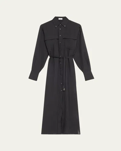 Brunello Cucinelli Long Wool Gauze Shirt Jacket Dress With Waist Tie In Black