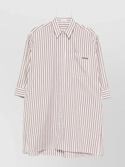 Brunello Cucinelli Longline Striped Cotton Silk Shirt Pocket In Neutral