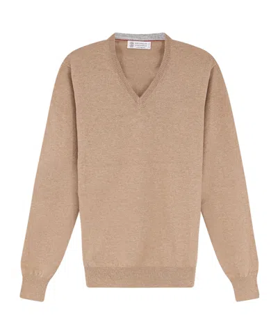 Brunello Cucinelli V Neck Knit Sweater Long Sleeves In Brown