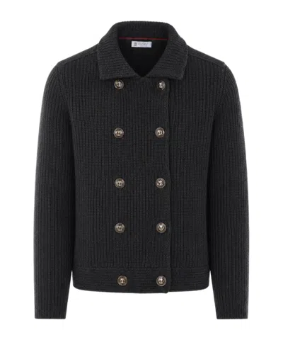 Brunello Cucinelli Cashmere Half English-rib Mariner Cardigan In Black