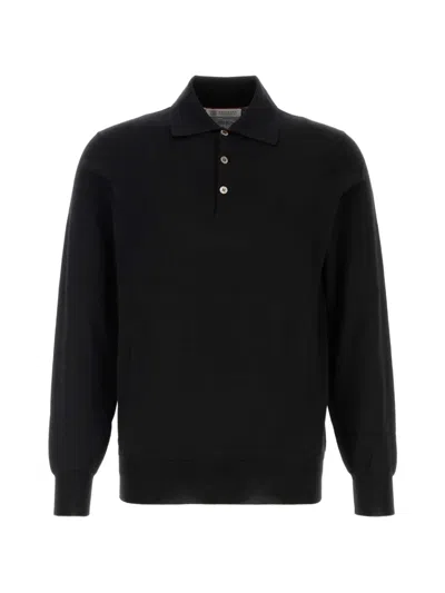Brunello Cucinelli Long-sleeved Cotton Polo Shirt In Black