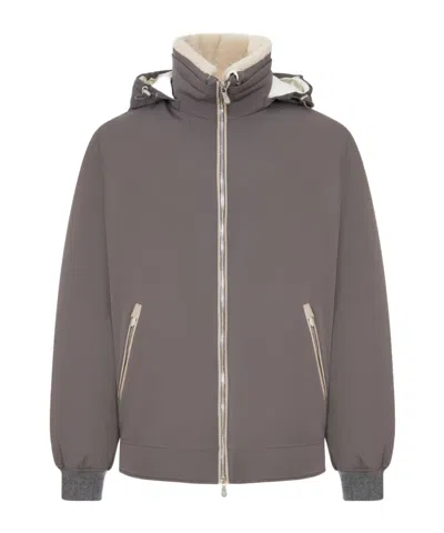 Brunello Cucinelli Stretch Bonded Nylon Down Jacket With Detachable Hood In Brown