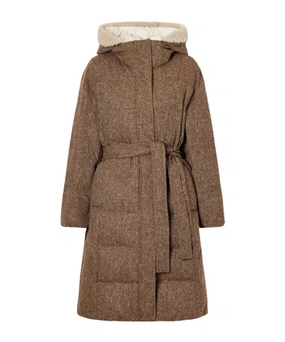 Brunello Cucinelli Hooded Belted Padded Quilted Shearling-trimmed Wool-blend Down Jacket In Brown