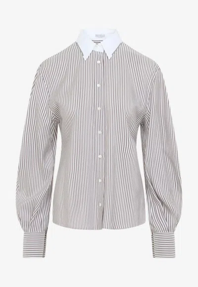 Brunello Cucinelli Long-sleeved Striped Silk Shirt In Pink