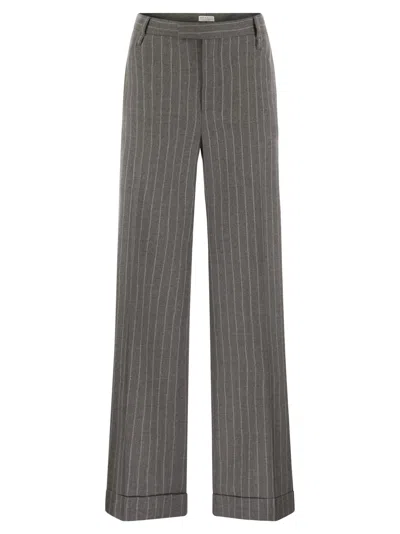 Brunello Cucinelli Loose Flared Trousers In Virgin Wool Mouliné Pinstripe With Beadwork In Animal Print