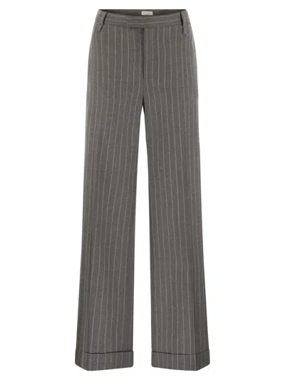 Brunello Cucinelli Loose Flared Trousers In Virgin Wool Mouliné Pinstripe With Beadwork In Grey