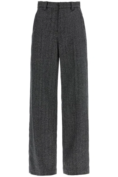 Brunello Cucinelli Loose Sartorial Chevron Carded Techno Wool Trousers In Black