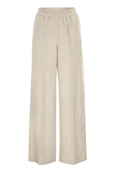 Brunello Cucinelli Loose Track Trousers In Chevron Linen And Cotton In Beige