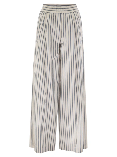 Brunello Cucinelli Loose Track Trousers In Wrinkled Cotton Linen Poplin In Chalk/avio