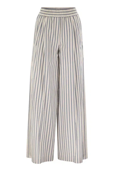Brunello Cucinelli Loose Track Trousers In Wrinkled Cotton Linen Poplin For Women In Chalk/avio