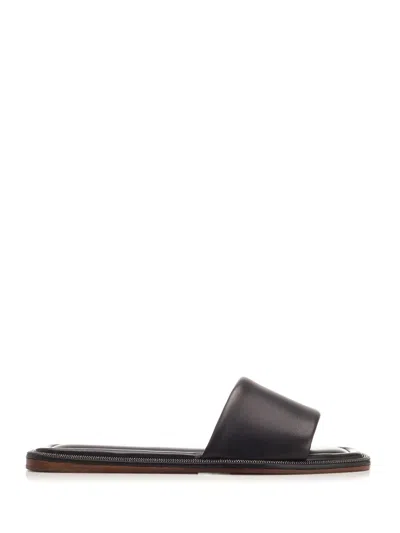 BRUNELLO CUCINELLI LOW BAND SANDAL IN BLACK LEATHER