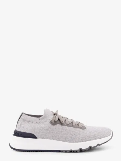 Brunello Cucinelli Low-top Cotton Knit And Leather Sneakers In Gray