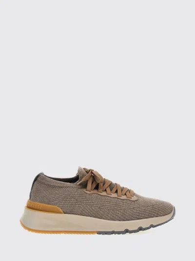 Brunello Cucinelli Low Top Knit Cotton Sneakers With Rubber Sole In Gold