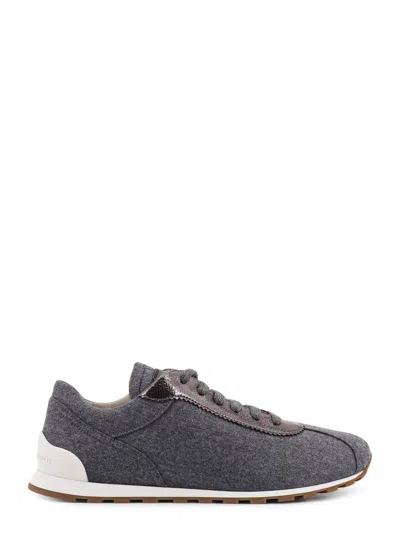 Brunello Cucinelli Low-top Wool Flannel Sneakers With Leather Profiles In Gray