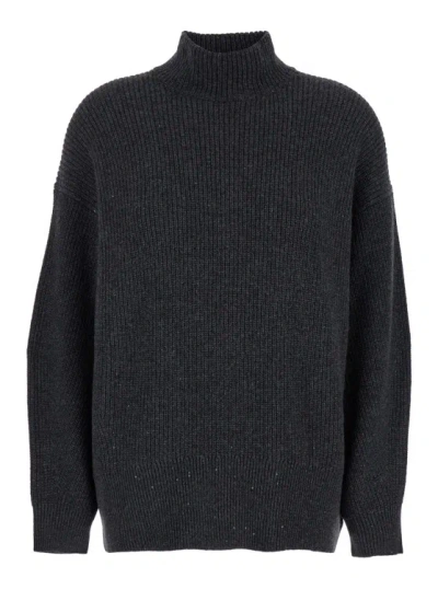 Brunello Cucinelli Oversized Grey Ribbed Sweater In Cashmere, Wool And Lurex Woman