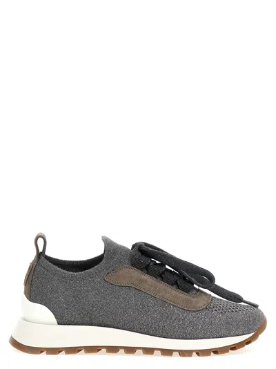 Brunello Cucinelli Low Top Sneakers With Contrast Sole And Textured Panels In Gray