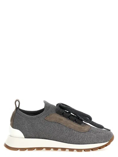 Brunello Cucinelli Lurex Knit Sneakers In Gray