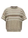 Brunello Cucinelli Beige Lurex Linen Blend Striped Sweater In Brown