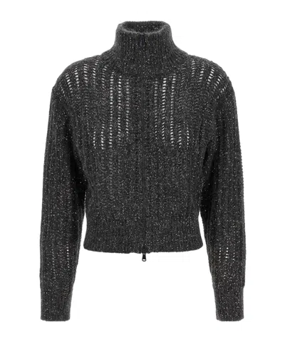 Brunello Cucinelli Ribbed Cardigan With Leather Detail In Gray