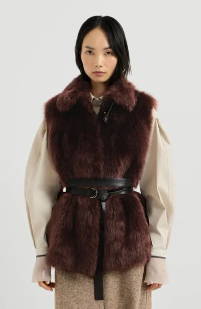 Brunello Cucinelli Lux Shearling Vest With Nappa Leather Belt And Monili In Burgundy