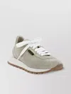 Brunello Cucinelli Beige Low Top Sneakers With Monil Detail On The Side And Embossed Logo Lettering On The Rear In Leat