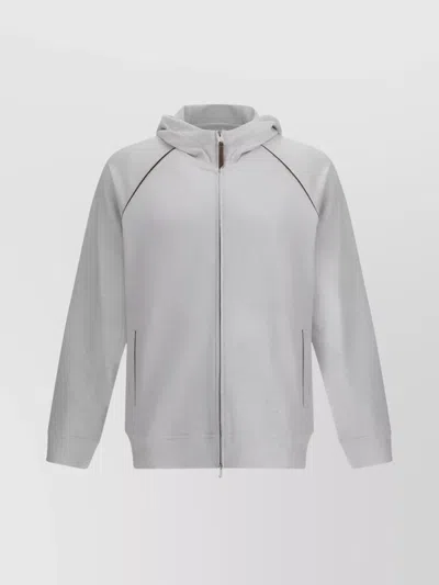 Brunello Cucinelli Luxe Cotton Hoodie Leather Detail In White