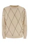 Brunello Cucinelli Crewneck Sweater In Fine Wool, Cashmere And Silk With Diamond Pattern In Sand