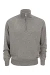 Brunello Cucinelli Men High-necked Cashmere Sweater With Zip Opening In Grey Melange