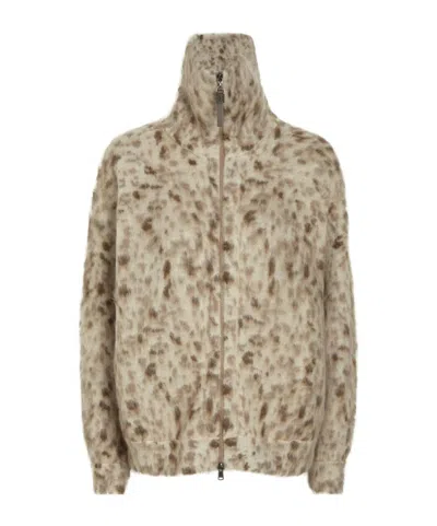 Brunello Cucinelli Lynx-jacquard Brushed Mohair-blend Cardigan In Nude