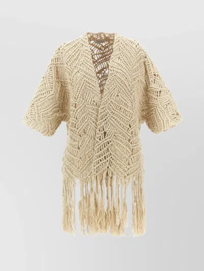 BRUNELLO CUCINELLI 'MACRAMÉ CROCHET' SHORT SLEEVE CARDIGAN WITH FRINGE