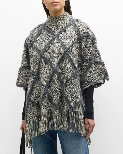Brunello Cucinelli Macro Argyle Wool Couture Poncho In Czm37 Anthracite