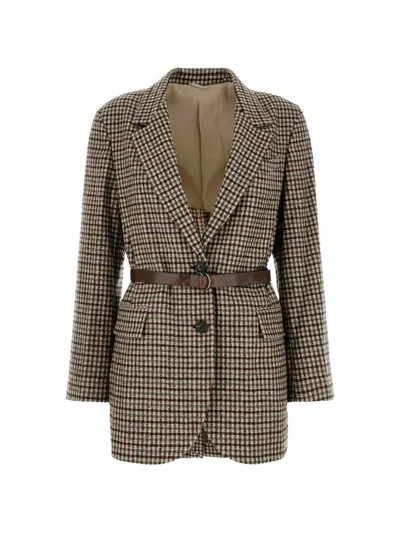 Brunello Cucinelli Madras Belted Blazer In Brown