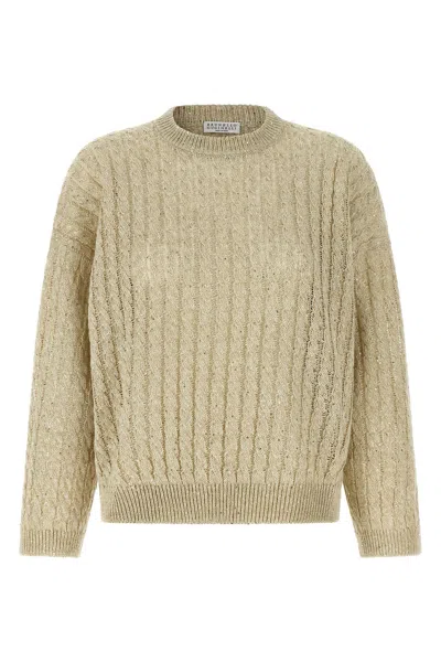 Brunello Cucinelli Beige Dazzling Cable Sweater In Green