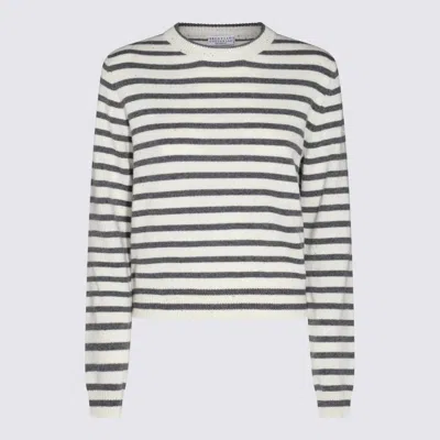 Brunello Cucinelli Cashmere Blend Striped Sweater With Paillette Detail In Beige
