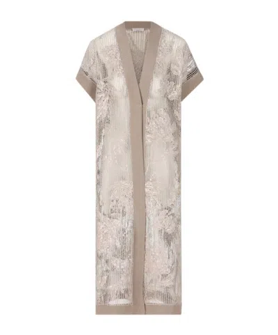 Brunello Cucinelli Magnolia-embroidered Long Cardigan In Grey