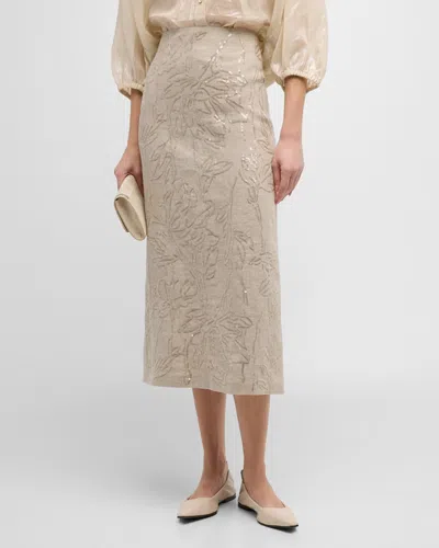 Brunello Cucinelli Magnolia Paillette Embroidered Linen Midi Skirt In C1299 Corda