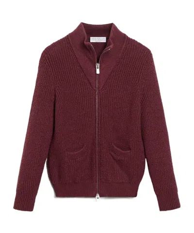 Brunello Cucinelli Kids' Malfilé Cotton High-neck Cardigan With Zipper In Burgundy