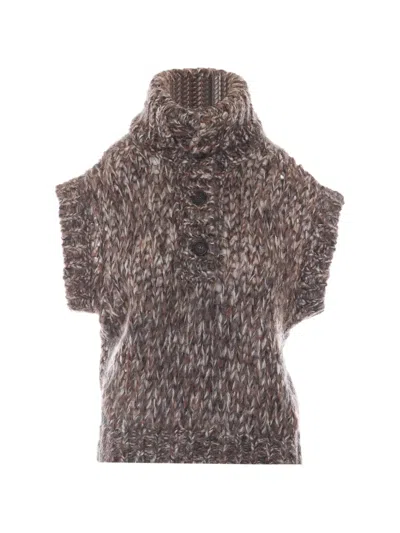 Brunello Cucinelli Malfilé Mohair Turtleneck Sweater Vest In Brown