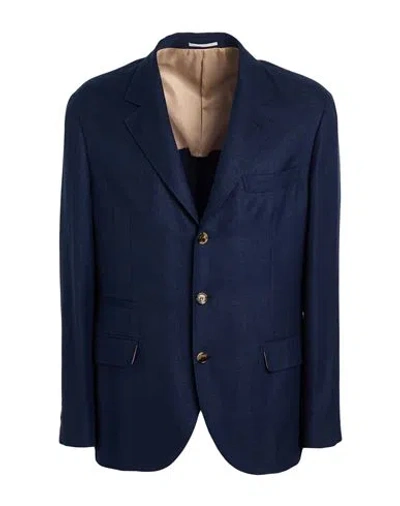 Brunello Cucinelli Man Blazer Navy Size 42 Linen, Wool, Silk In Blue