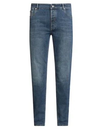 Brunello Cucinelli Man Jeans Blue Size 38 Cotton, Elastane, Leather