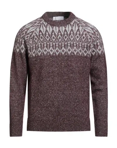 Brunello Cucinelli Man Sweater Plum Size 40 Alpaca Wool, Cotton, Polyamide, Wool In Brown